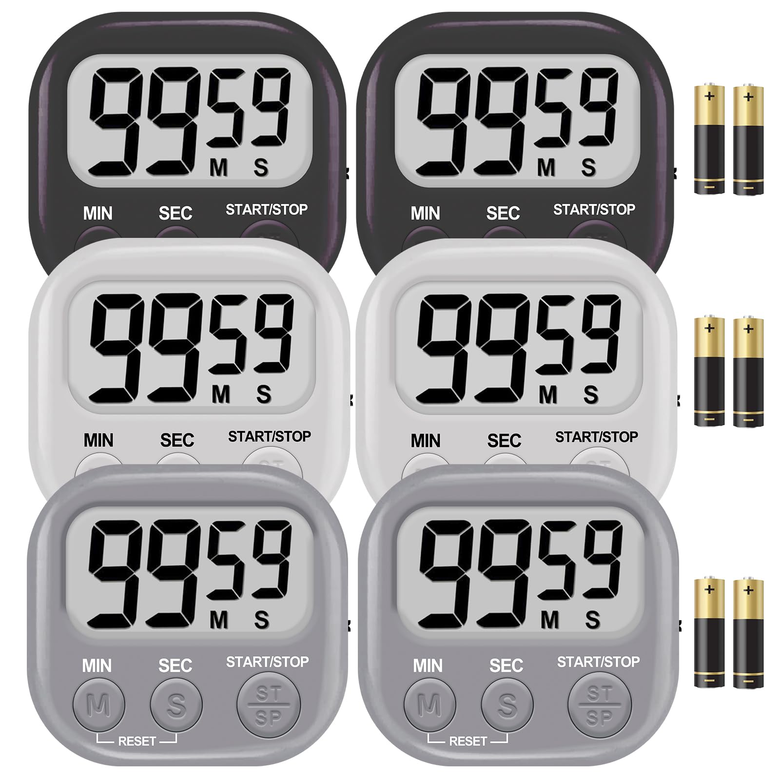 6-Pack Digital Kitchen Timer, 99-Min 59-Sec Countdown & Stopwatch, Loud 100dB Alarm, Strong Magnet, Power-Saving On/Off Switch, Time Memory, Classic Colors, Multiple Placements, Batteries Included