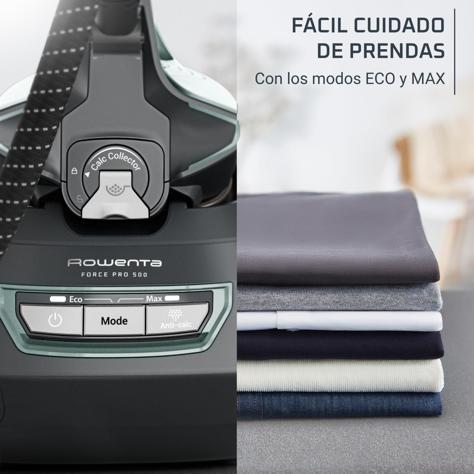 Rowenta Force Pro 500, Centro de planchado, 7,5 Bares, Golpe de vapor de 550 g/minuto, Tecnología Quicksteam, Ahorra energía, 2 modos ECO y MAX, Eucalipto y negro, VR9042F0