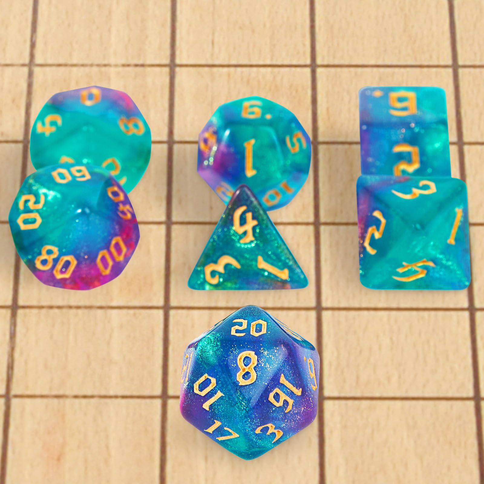 DND Lot de 7 dés polyédriques avec sac à dés noir pour jeux de rôle D&D, RPG, MTG, jeux de table, dés polyédriques pour jeux de Donjons et Dragons (vert et violet + dés nébuleuses)