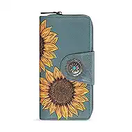 Montana West Bifold Sunflower Wallet Women Large Wallets for Women RFID Wallet Ladies Female Western Clutch Wallets Jeans Blue with ID Window and Coin Purse