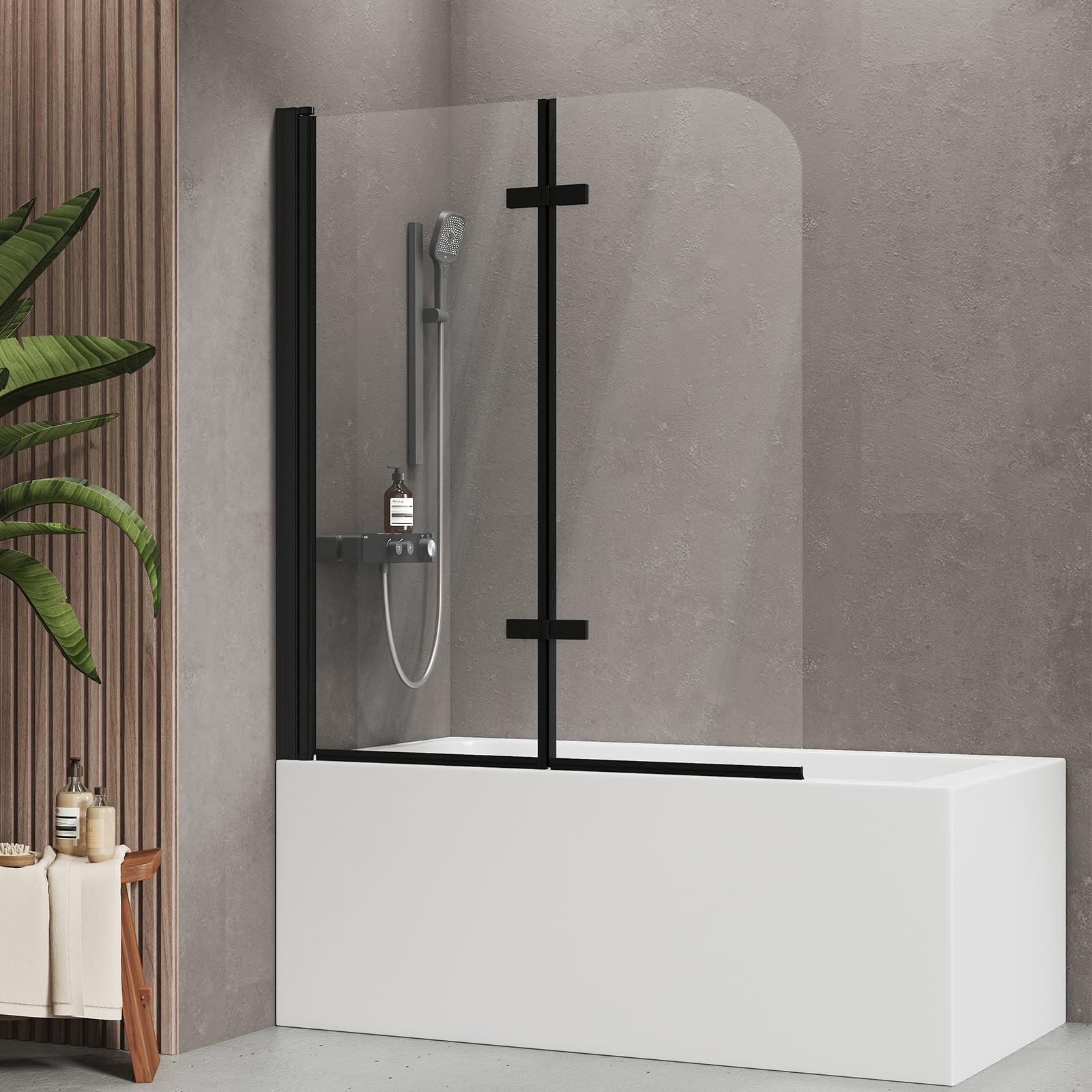 EMKE Mampara de ducha para bañera de 120 x 140 cm, 2 piezas, plegable, giratorio 180°, accesorio para bañera, mampara de ducha plegable, mampara de ducha de 6 mm, cristal de seguridad templado fácil