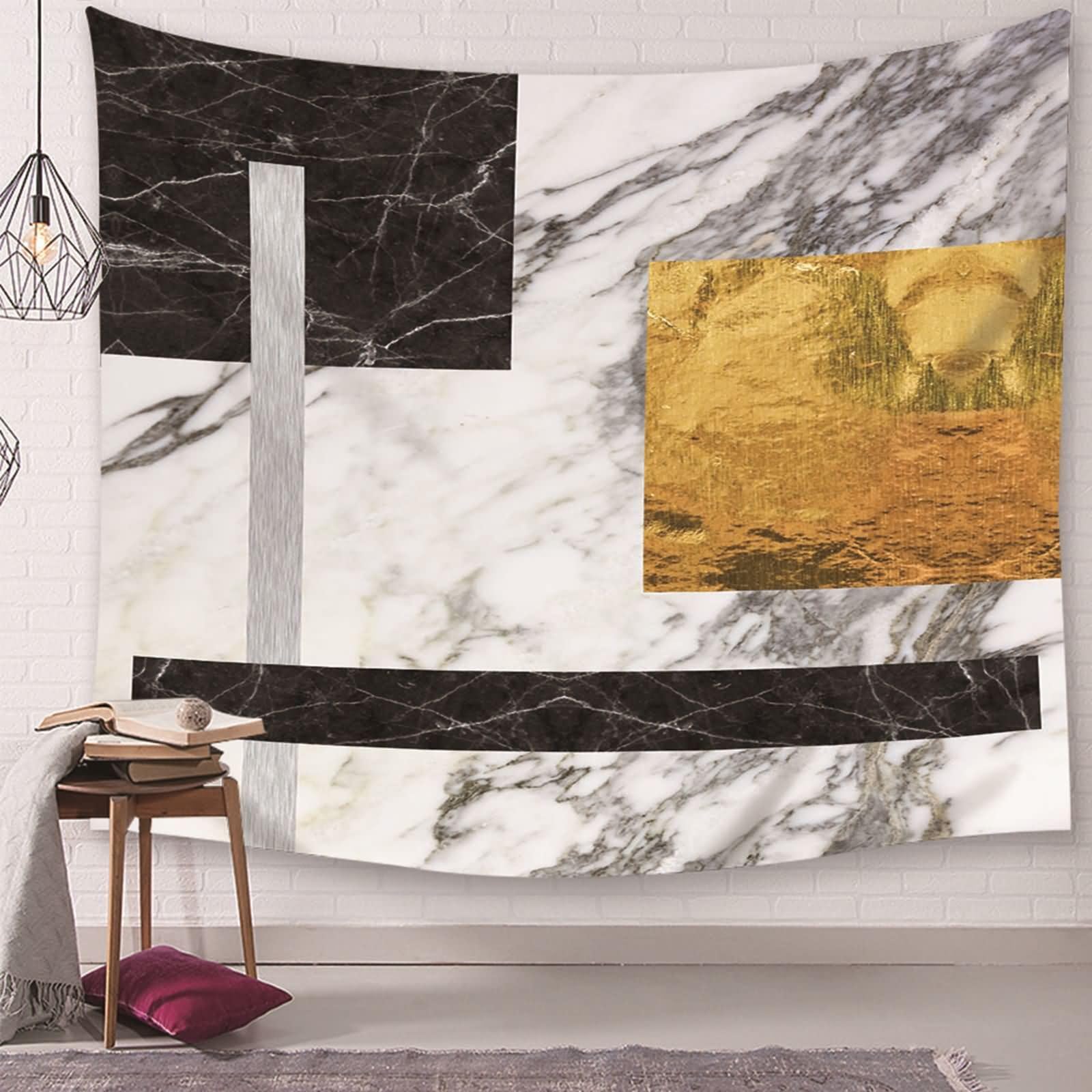 Homxi Wandteppich 300 x 260 CM,Polyester Tapestry Wand Tuch Geometrisch Marmormuster Wandtücher Decor Schwarz Gold Grau