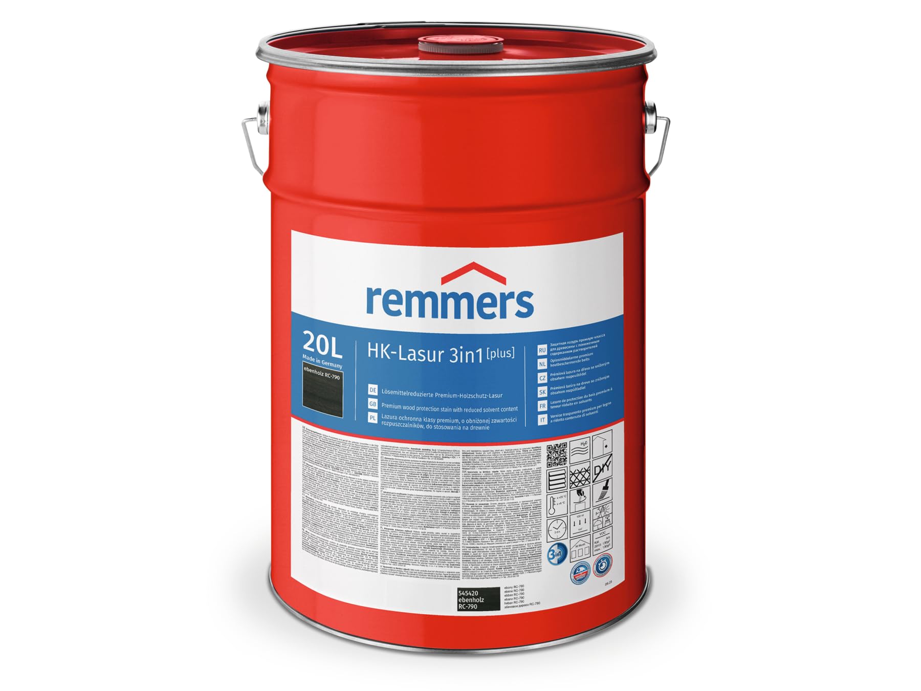 Rememrs HK Barniz 3 en 1 [plus] ébano mate, 20 litros, barniz protector de madera premium reducido con disolventes, para exteriores, 3 en 1, secado rápido, duradero
