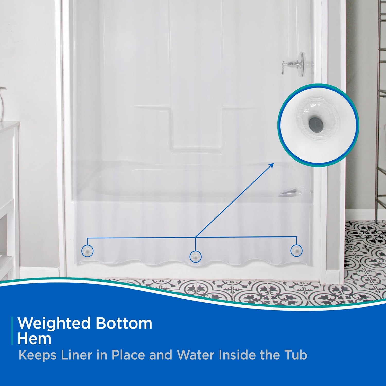 Kenney KN61462 Medium Weight 5 Gauge Waterproof PEVA Shower Curtain Liner with Rust-Resistant Metal Grommets and Weighted Magnetic Hem for Bathroom, 70" W x 72" H, Clear, 2-Pack