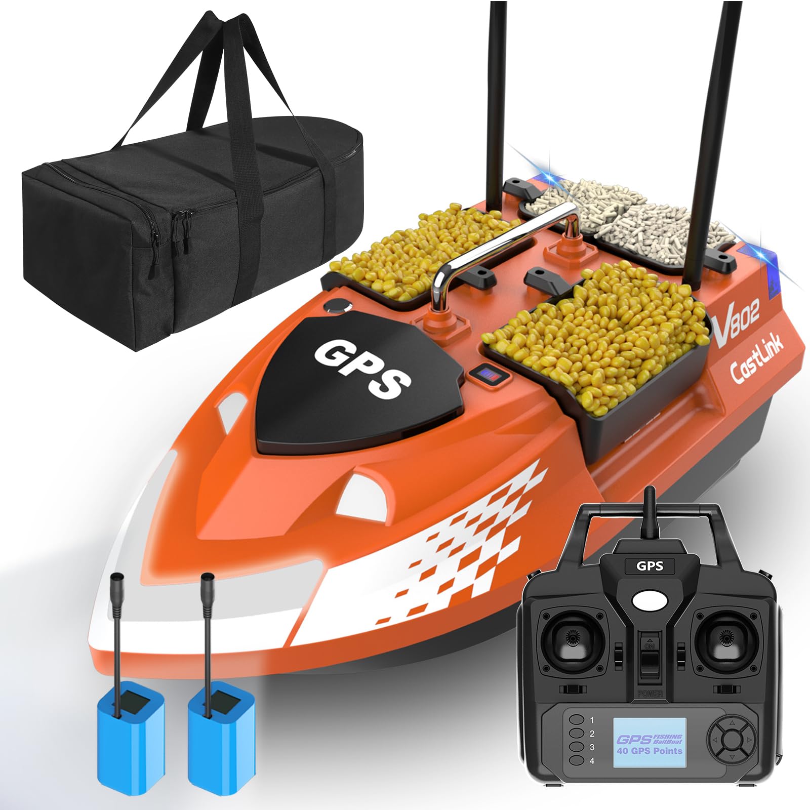 DYJD Dual Antenna 4 Hoppers GPS 500M GPS 3 kg barca esca per pesca alla carpa barca telecomandata barca esca RC con borsa (arancione)