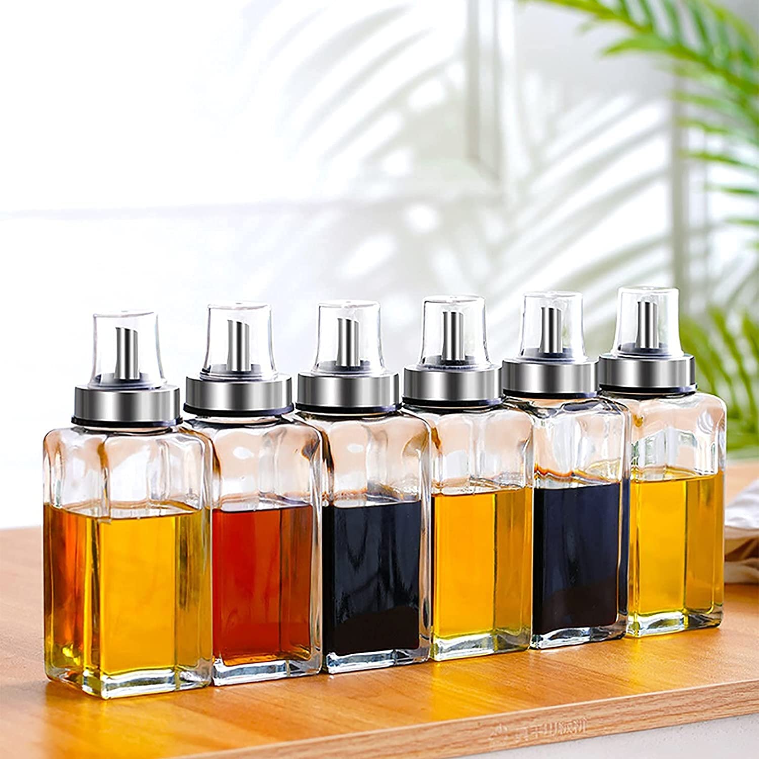 Botellas dispensador de aceite de oliva de vidrio de 300 ml, aceite de cocina y vinagre cruet, cocina, acero inoxidable de la casa tres tipos de boquillas pequeñas botellas de condimento, 3 pack
