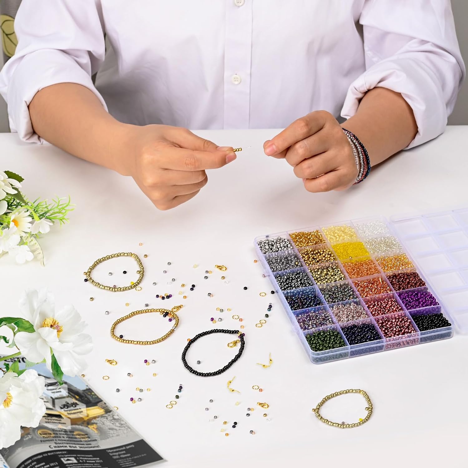 Vtssvow 3mm Glass Seed Beads for Bracelets Making, 24 Colors 10000pcs Friendship Bracelet Making Kit, Small Glass Beads for Jewelry Making (Mix 24 Color, Metallic) - Image 4