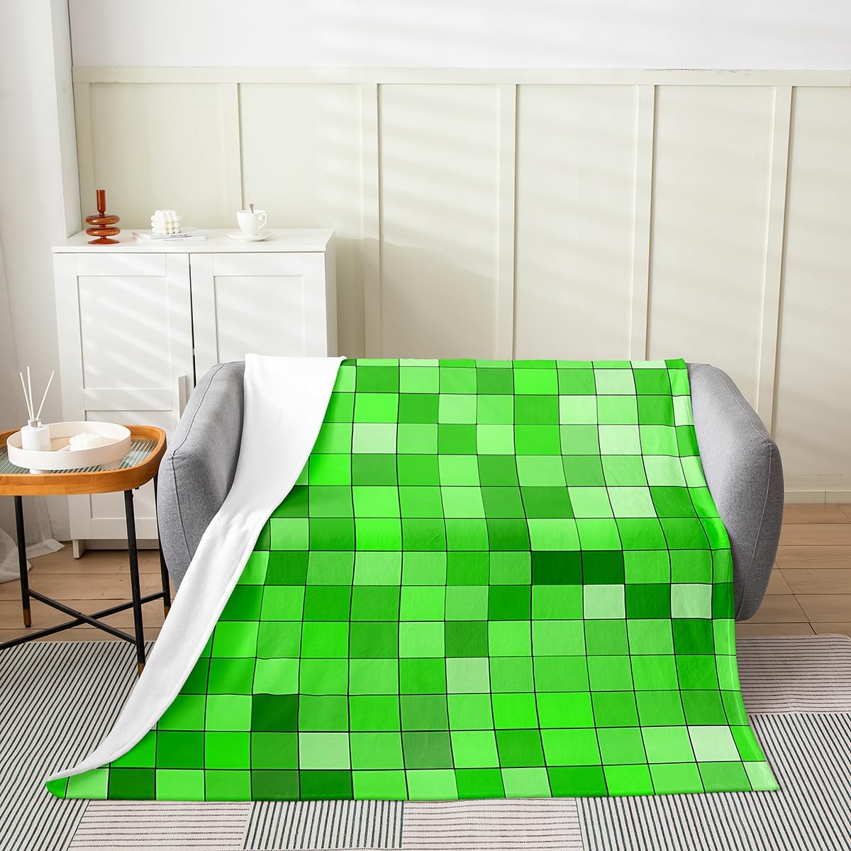 Geometric Grid Kids Flannel Blanket,Patchwork Square Video Games Bed Blanket,Gradient Gaming Girls Boys Sofa Decor,Green Fuzzy Blanket,Queen Size (90 x 90 Inches) image 2
