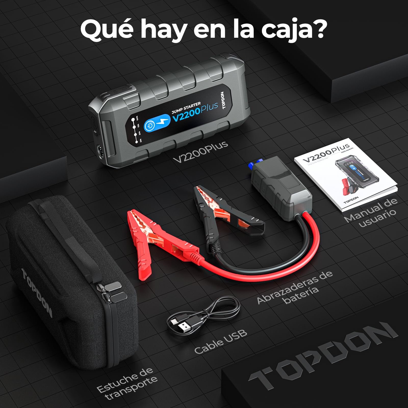 TOPDON V2200 Plus Arrancador de Coches y 12V Comprobador de Batería 2 en 1, Arrancador de Baterias de Coche 2200A para 8L Gas/6L Diesel
