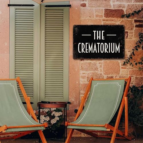 Miniatura 5 de Letreros de metal divertidos con texto en inglés "The Crematorium" para pared, letrero de hojalata para patio, jardín, hogar, oficina, decoración de