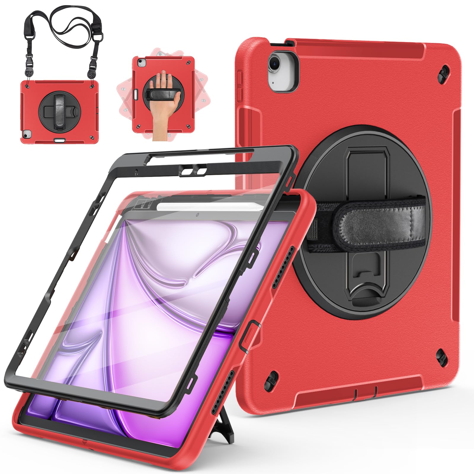 Miesherk Hülle für iPad Air 13 Zoll M4/M3/M2 2026/2025/2024: 3-Schichte robuste stoßfest Case iPad Pro 12.9 6./5. mit Displayschutzfolie-Stifthalter-Drehbarer Ständer-Handschlaufe-Schultergurt-Rot