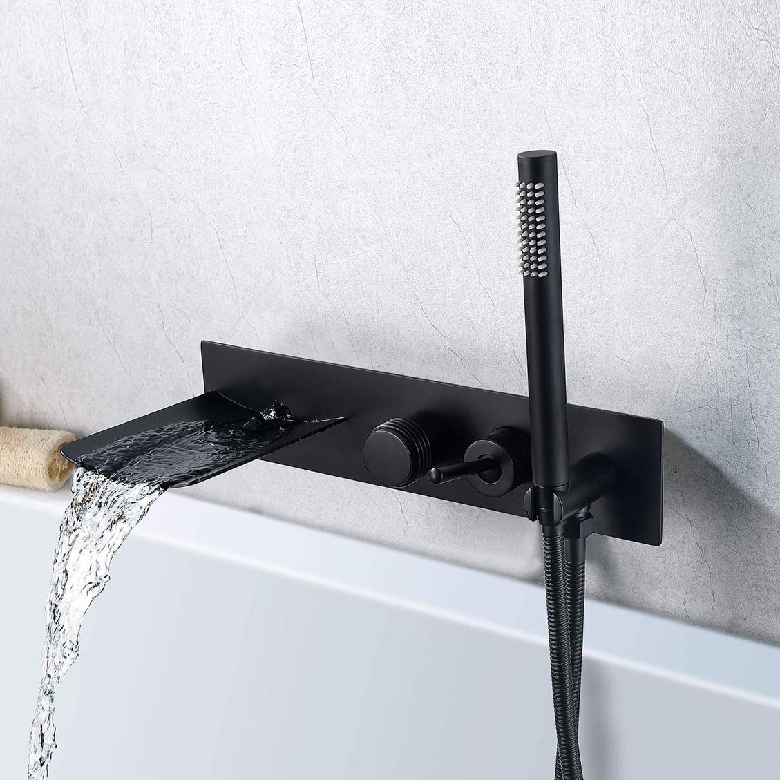 Armatura wannowa, mosiężna, czarna, wodospad, armatura wannowa, montaż ścienny, armatura wannowa z słuchawką prysznicową, luksusowy zestaw prysznicowy, szczotkowane złoto
