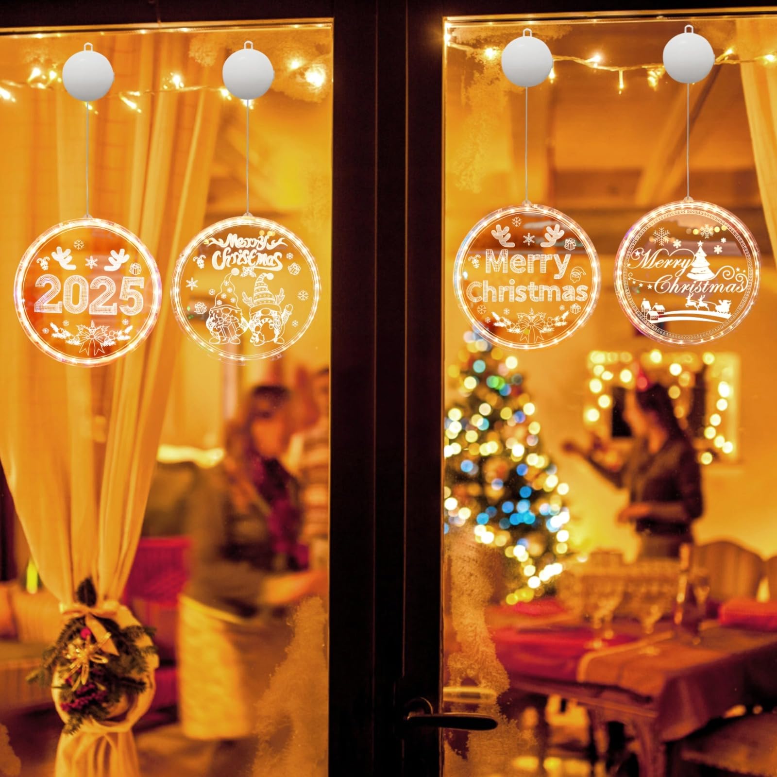 Weihnachts-Fensterlichter Deko, LED-Weihnachtsdeko mit Saugnapf, Santa, Baum, Glocke und Schneemann, batteriebetriebene Hängedeko, Acryl-Kreis Fensterdeko für Fenster, Glas und Spiegel