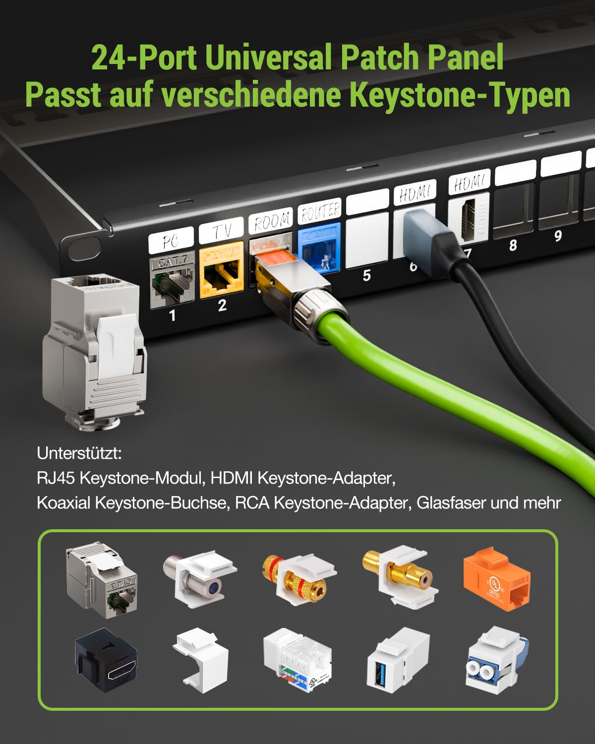 24 Port CAT7 Patchpanel mit 24 x Vergoldet Cat7 Keystone Module,10 Gbit/s 600MHz, Geschirmtes Keystone Patchpanel, 19 Zoll patchpanel mit EMI/RFI-Schutz und Kabelmanagement-Kit