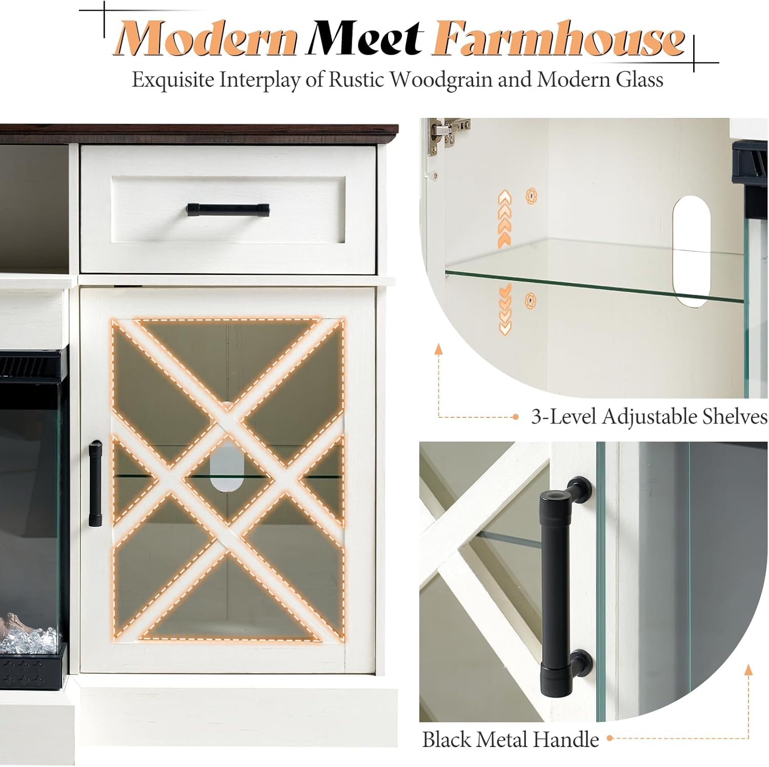 AMERLIFE Farmhouse LED Fireplace TV Stand with 3-Sided Glass Fireplace, 70" Large Entertainment Center for TVs up to 80", Rustic TV Console with Glass Door Storage for Living Room, Barnwood+White