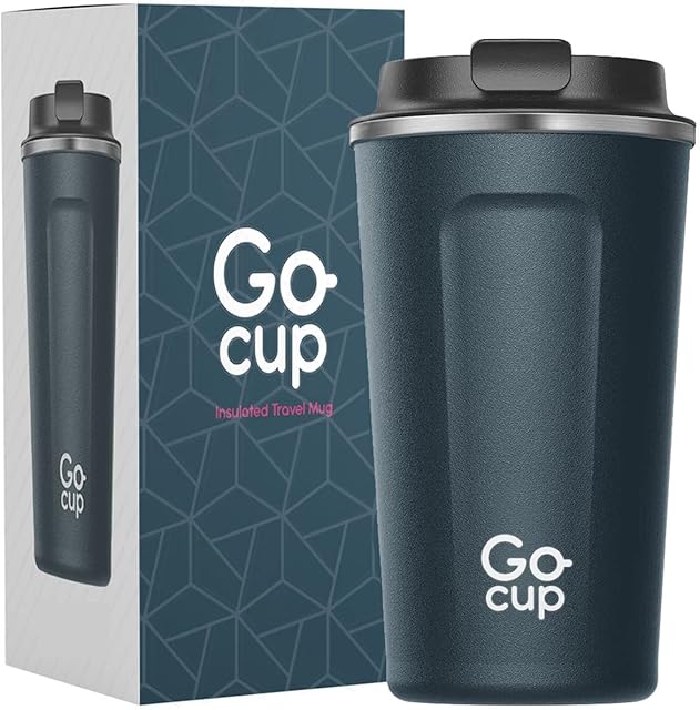 GoCup Stainless Steel Travel Mug, Coffee Cup for Hot and Cold Drinks, 510ml, UK Brand, Reusable, Insulated and Leakproof, Perfect for Camping or Traveling, 17oz, Blue