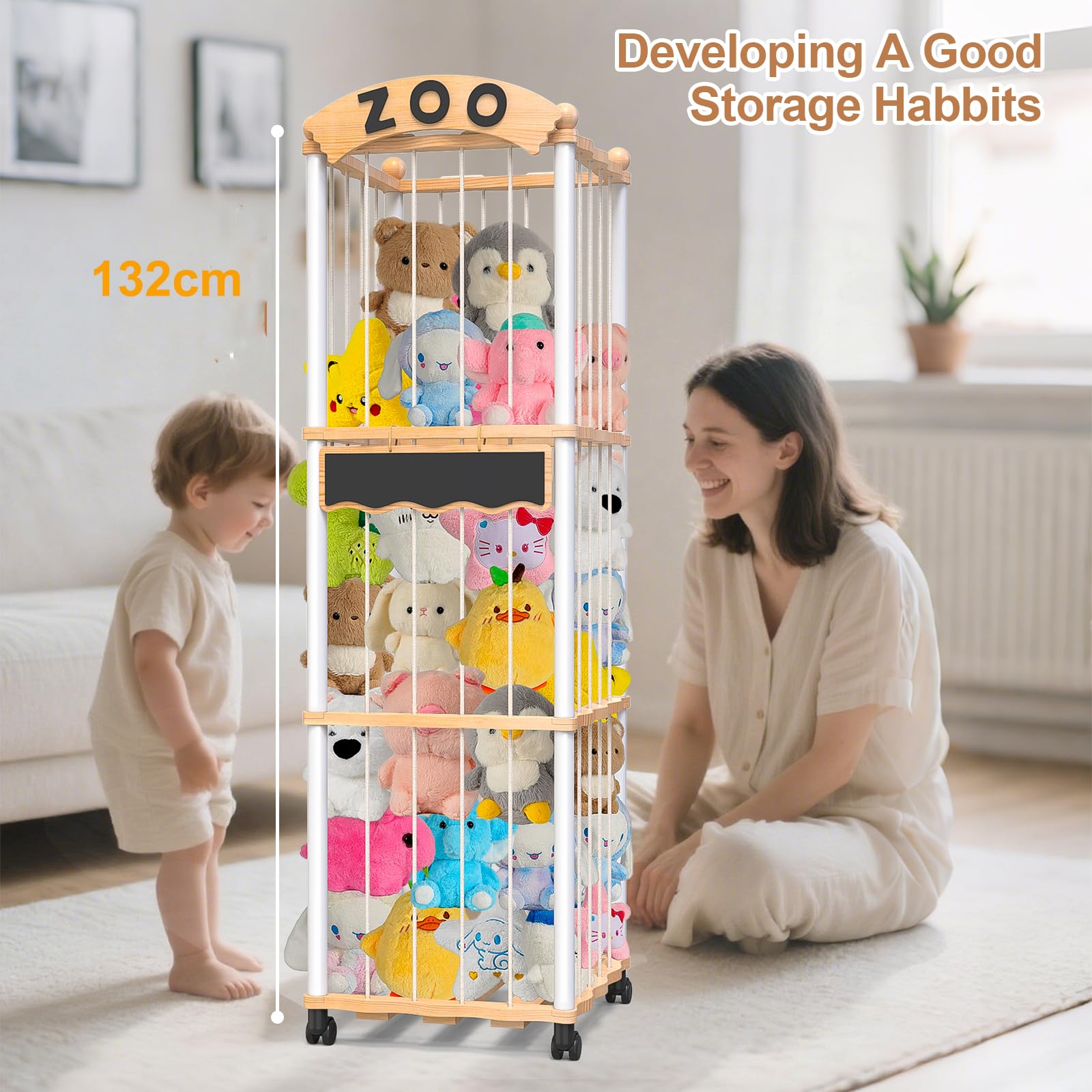 Kuscheltier Aufbewahrung Holz Plüschtier Lagerung Spielzeug Aufbewahrung | Platzsparend Große Kapazität mit 360°Bremse Ausgestattete Räder,132x42x42cm für Spielzimmer Schlafzimmer,Kinderzimmer