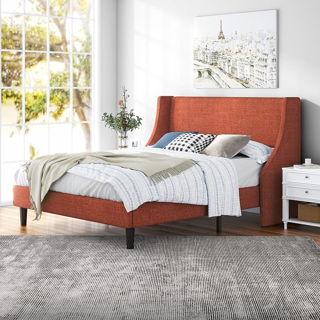 HOOMIC Queen Size Bed Frame, Modern Fabric Upholstered Wingback Platform Bed with Headboard, Strong Wood Slats Support, Mattress Foundation, No Box Spring Needed, Easy Assembly, Dark Grey