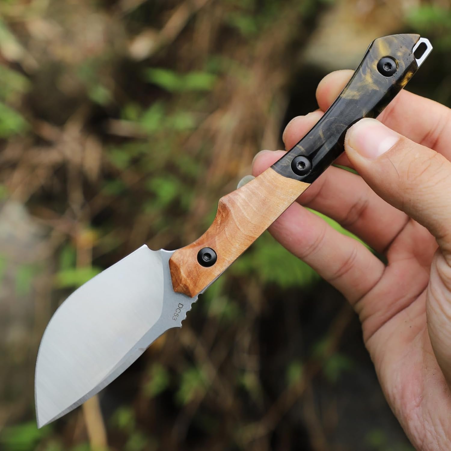 Handcrafted DC53 Steel Fixed Blade Knife，unisex everyday carry knife, tactical K-style sheath, resin and maple wood handle. Suitable for outdoor hiking, fishing trips, Survival camping expeditions, and as a multi-purpose utility knife. (dark brown)