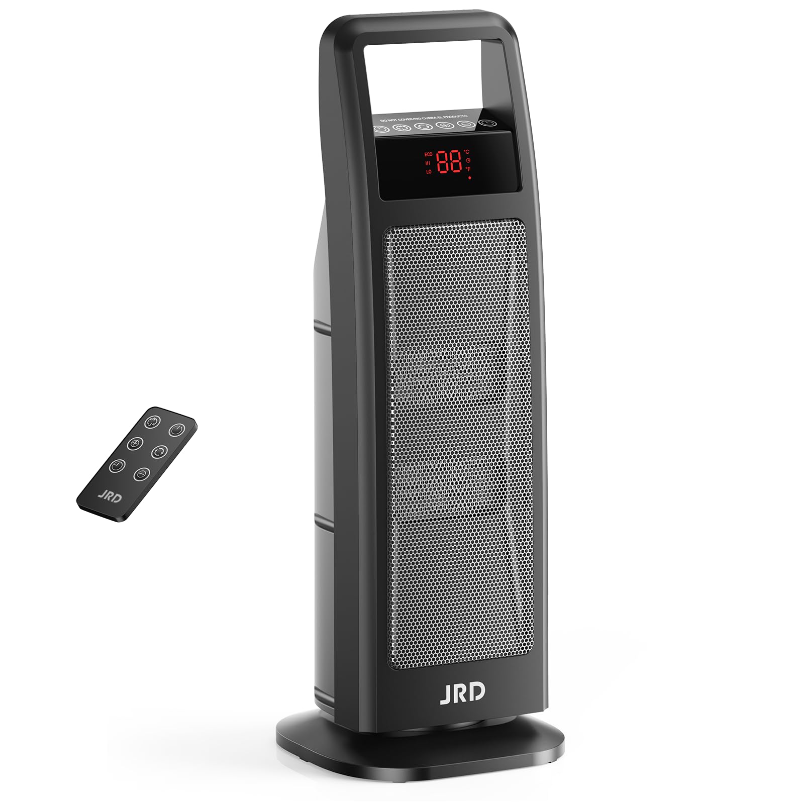 Condition photo showing New/Like New for space heater indoor use, jrd fast electric heater with remote, thermostat, 75° oscillation, 1-8h timer, safe protection, 1500w portable heater for bedroom office