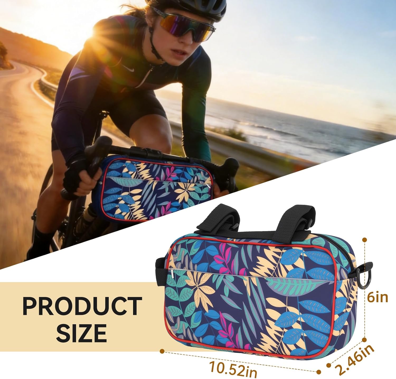 Bike Handlebar Bag, Waterproof Front Mount Bicycle Bag Converts to Crossbody Shoulder Bag, Multi-functional Cycling Storage for Men & Women (Leaf Flowers)