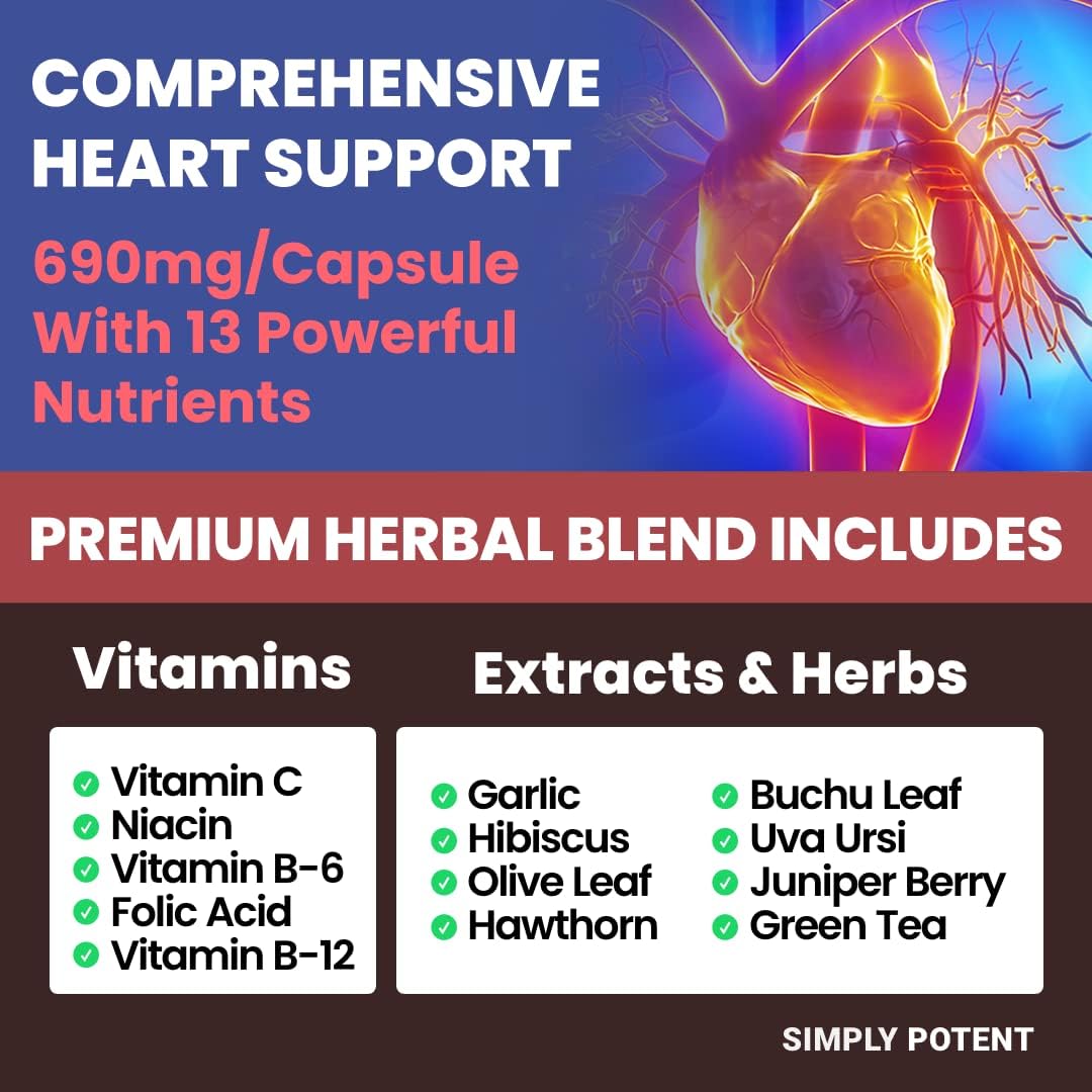 Blood Pressure Support Supplements - Healthy Heart, Cholesterol, Cardio, Hypertension, High BP - 13 Vitamins & Herbs - Folic Acid, Vitamins C B6 & B12, Hawthorn Olive Leaf Garlic Hibiscus, 90 Capsule