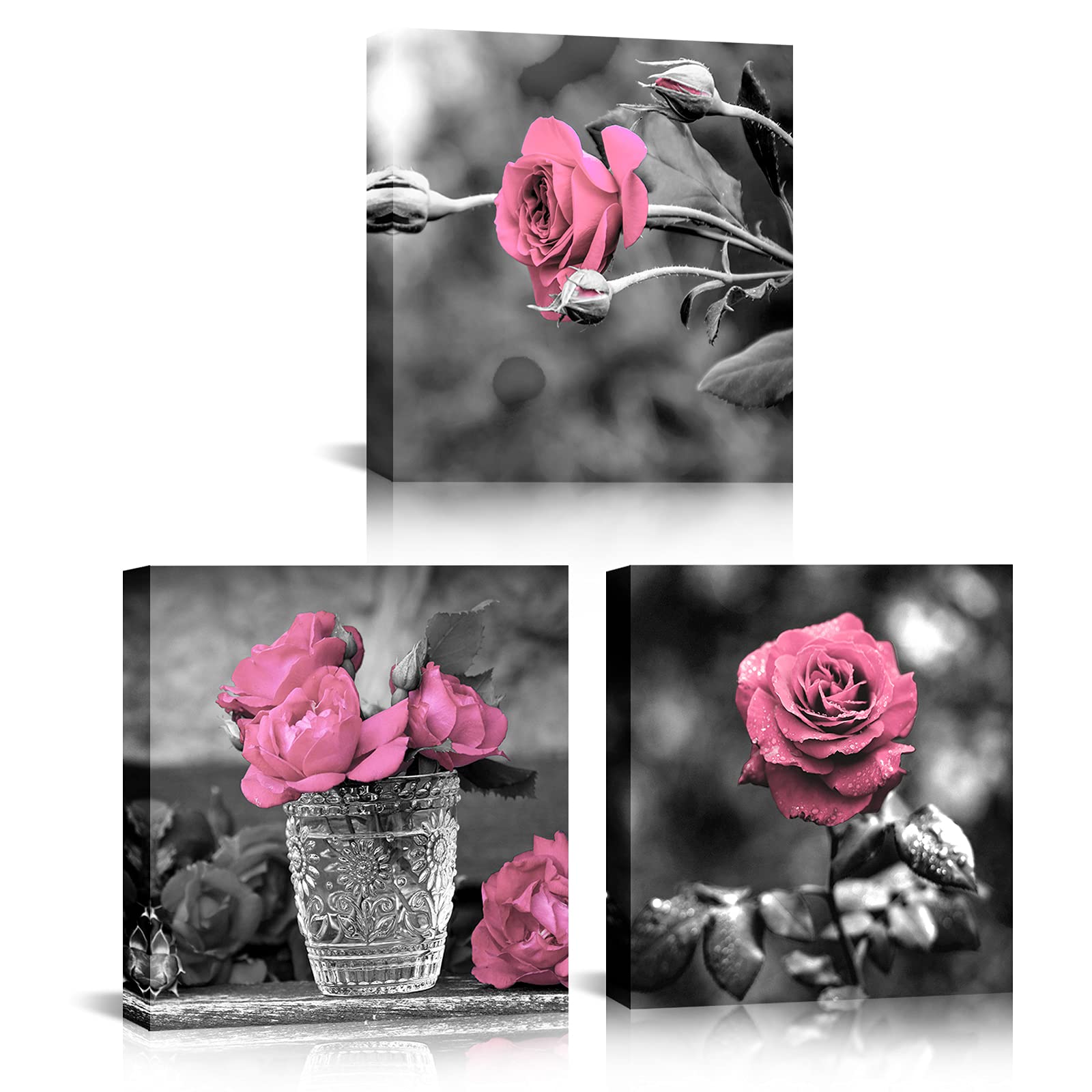 SkenoArt 3 Panel Pink Rose Flower Wall Art Paintings Floral Picture Prints Black and White Canvas Wall Decoration Framed for Bathroom Bedroom Decor Artwork Ready to Hang