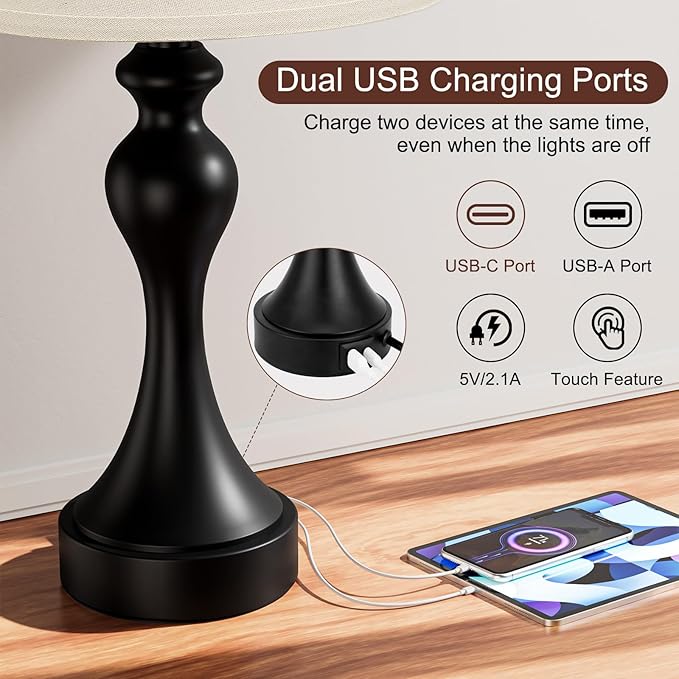 Seealle Seealle Touch Lamps for Nightstand - Bedside Lamps Set of 2, 3 Way Dimmable, USB C+A for Bedroom & End Tables (LED Bulbs Included) photo 6