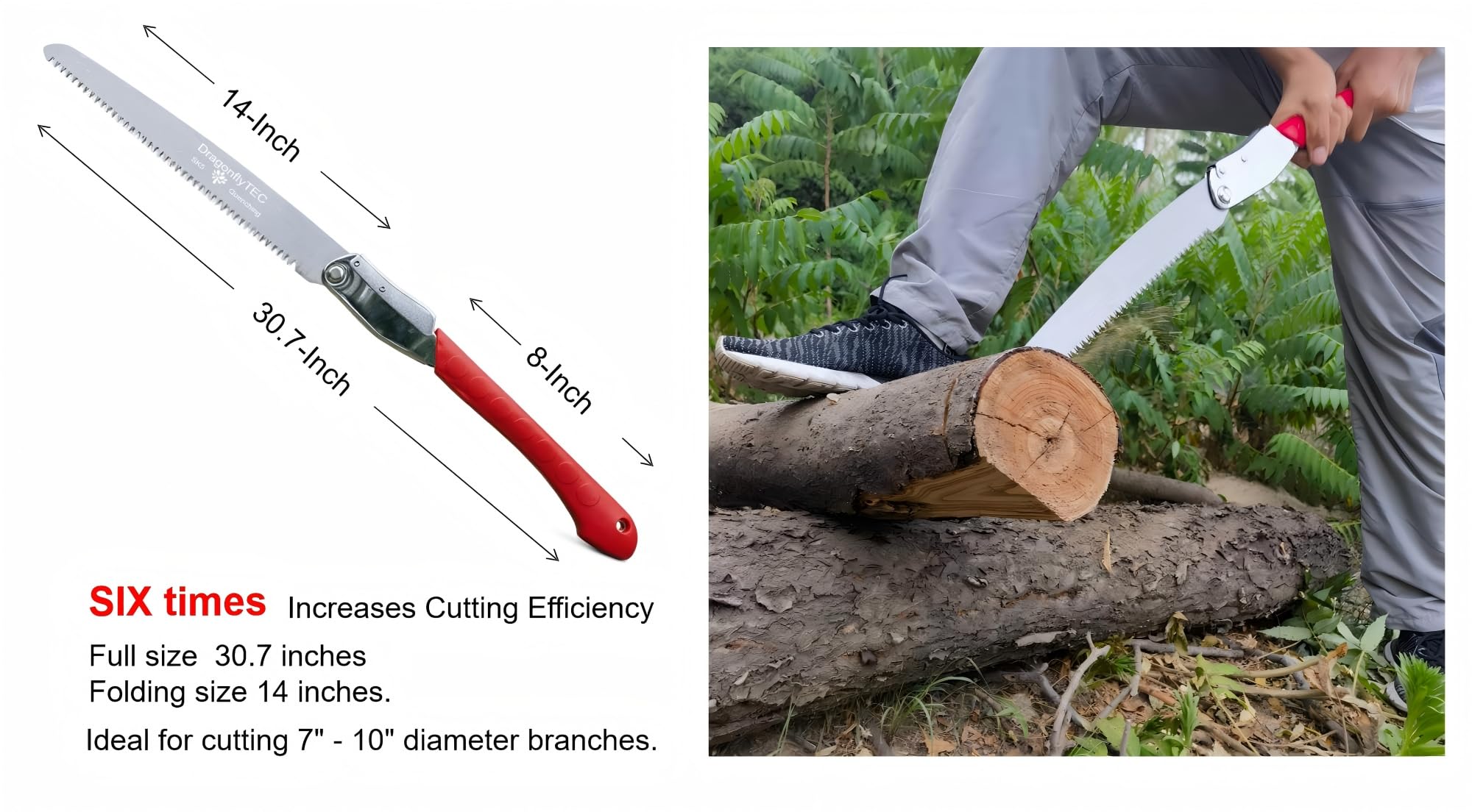 Sierra de mano: hoja de acero SK5 extra larga de 14 pulgadas, templada para una dureza y velocidad superiores. La sierra plegable grande es fácil de almacenar para campamento/senderismo;