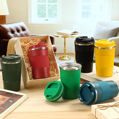 Vista 24 de Foaincore 6 tazas de café de viaje de 12 onzas con tapa, vaso de café a prueba de fugas, taza aislada a granel, taza de acero inoxidable Rojo