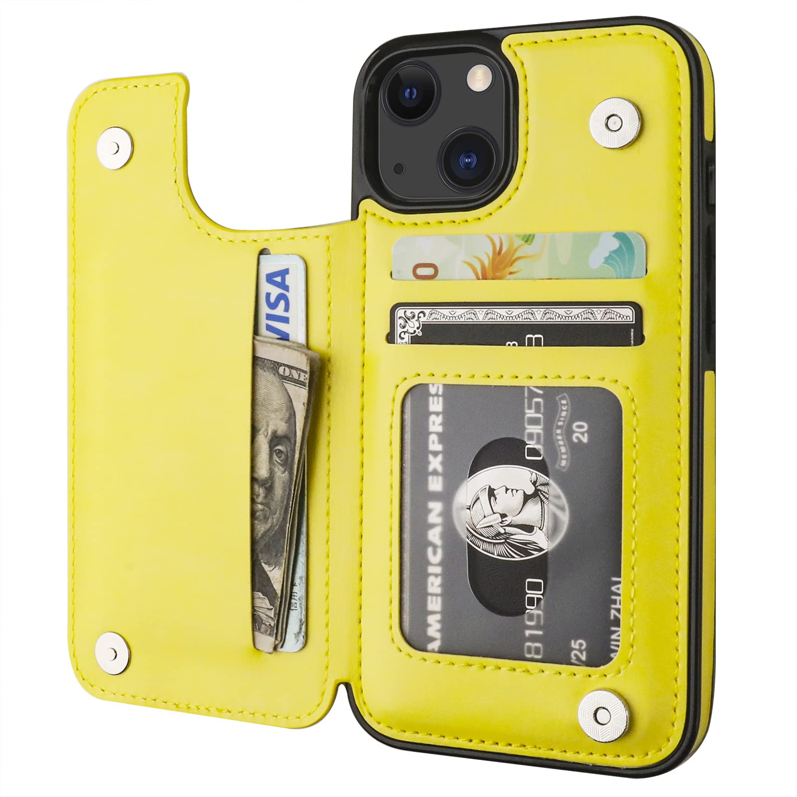 Onetop Compatible with iPhone 13 Wallet Case with Card Holder, PU Leather Kickstand Card Slots Case, Double Magnetic Clasp Durable Shockproof Cover 6.1 Inch(Yellow)