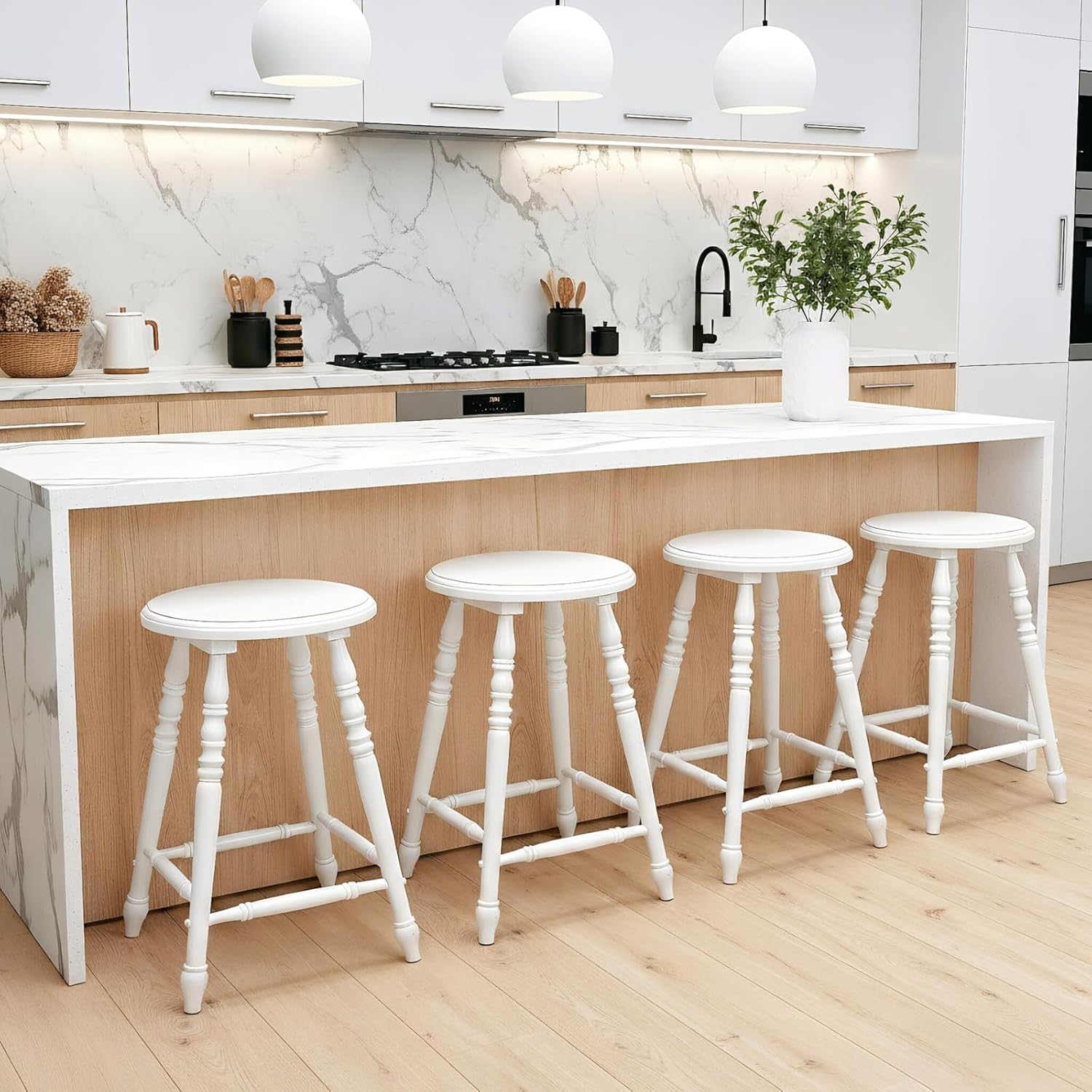 chairus 24" White Backless Counter Height Bar Stools Set of 2, Farmhouse Wooden Counter Stools with Round Seat & Turned Legs, Rustic Vintage Colonial Short Bar Chairs for Kitchen Island