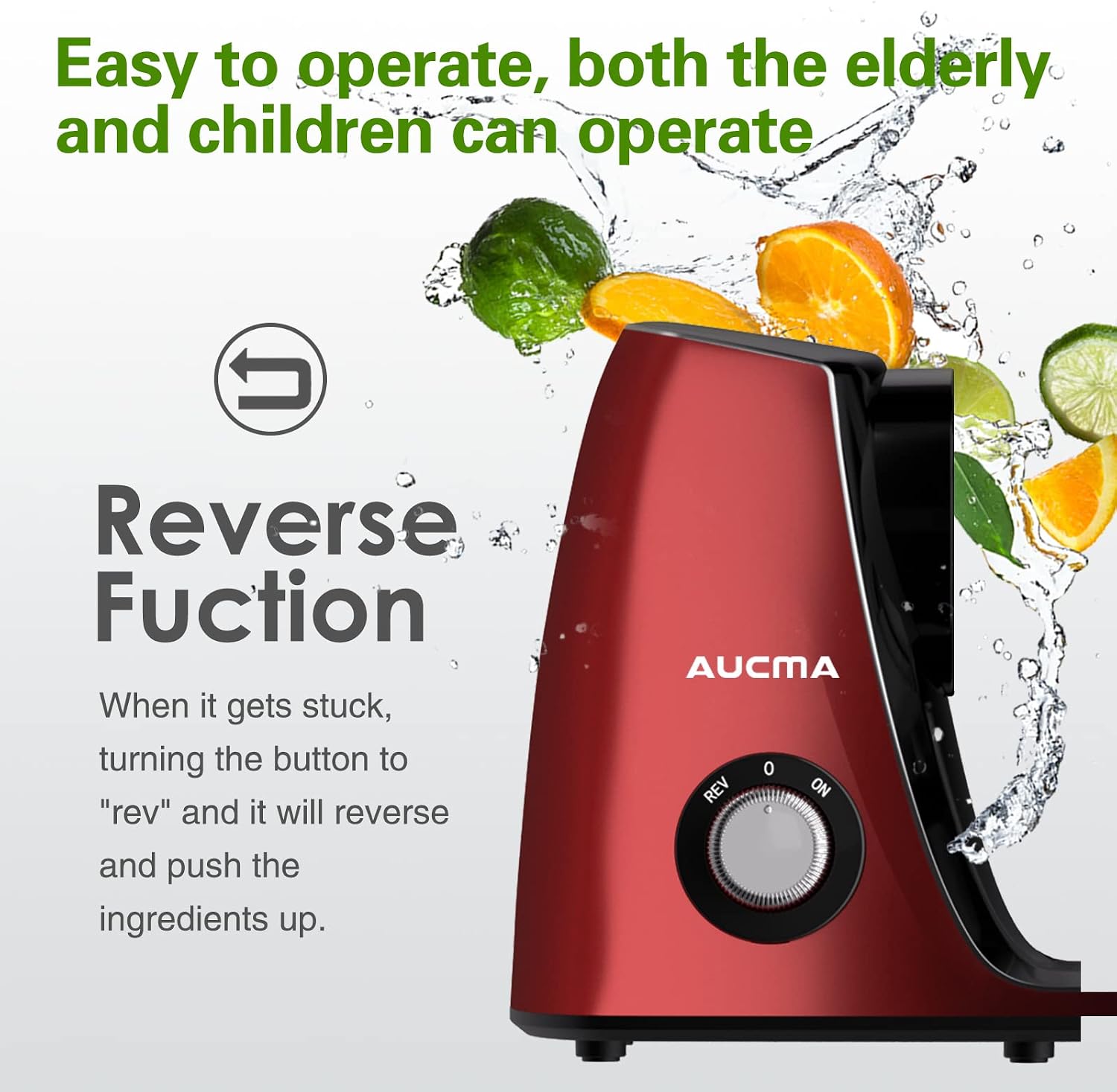Aucma Slow Juicer Machine, Cold Press Juicer with Quiet Motor and Reverse Function, Masticating Juicer Machine with Brush Recipes, Juicer Extractor for High Nutrient Fruit Vegetable Juice (Classic Red)