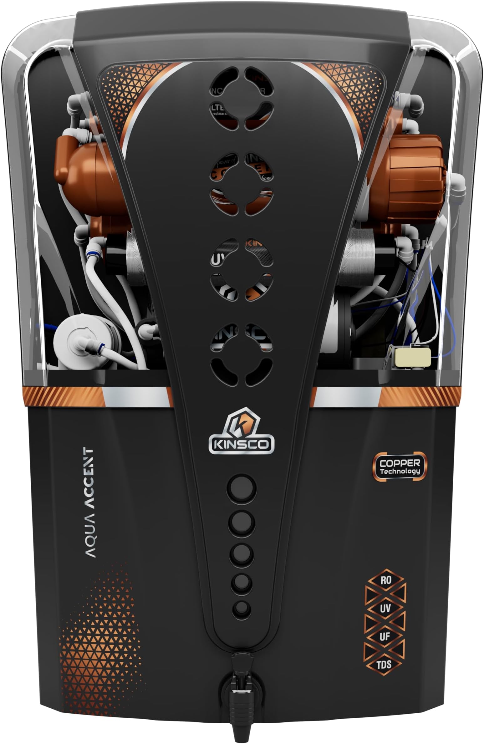 Kinsco Aqua Accent Copper Alkaline RO Water Purifier | UV + UF + TDS + Copper Technology | Auto Start/Stop | 15L Tank Capacity | Black