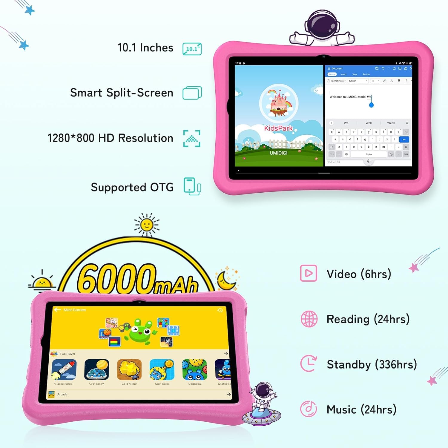 UMIDIGI Tablet per bambini da 10,1 pollici, Android 13, G2, tablet per bambini a partire da 3 anni, 8 GB (4 + 4) RAM+64 GB ROM/1 TB, protezione occhi 1280 x 800 HD, WiFi6, 6000 mAh 8 MP + 8 MP con
