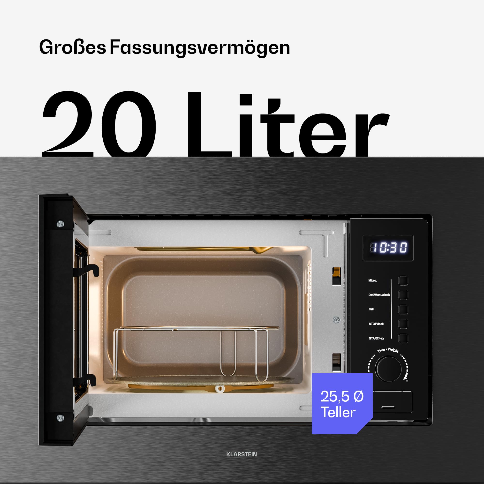 Klarstein Verosteel Einbaumikrowelle 60 cm mit Grill – 20L, 700W Mikrowelle & 800W Grill, 8 Programme, Touch-Bedienung, Edelstahl, Auftaufunktion, LED-Innenbeleuchtung, Schwarzer Edelstahl