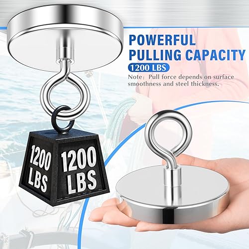 Miniatura 24 de Imán de pesca de neodimio, fuerza de tracción de 150 libras, imán fuerte de tierras raras con perno de ojo avellanado para colgar, hogar, cocina