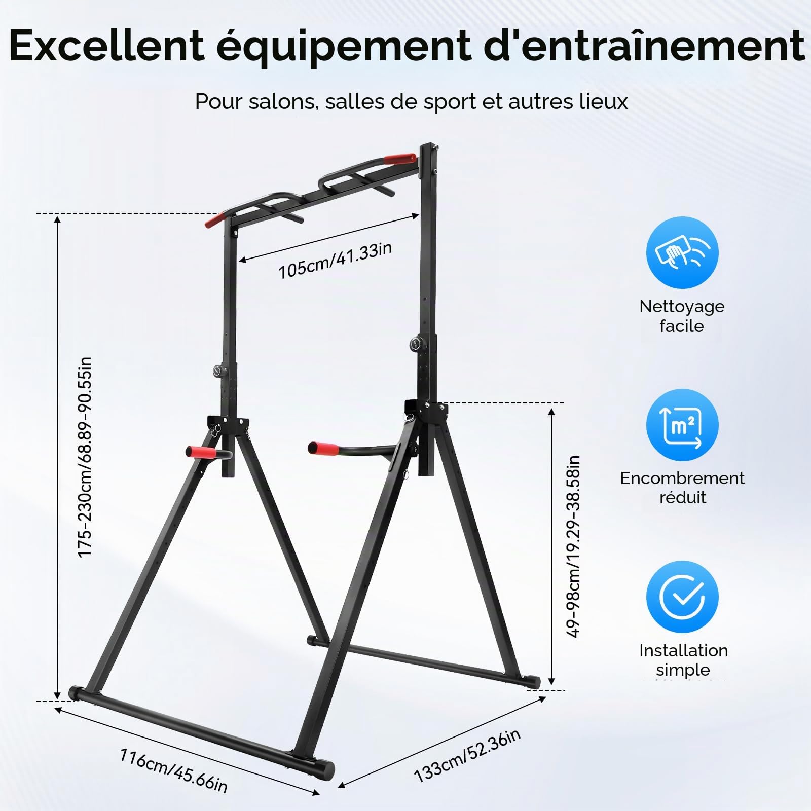 4 in 1 Chaise Romaine Power Tower 200KG Dip Station, Hauteur Réglable 175-230cm, Barre de Tractions Pliable Musculation Pour l'entraînement à la Maison, Structure triangulaire, Se Plie Facilement