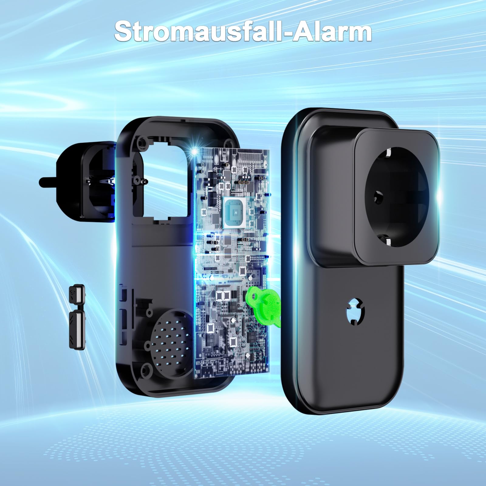 Stromausfallmelder WLAN Stromausfallalarm melder mit LED Anzeige, 0-110db Stromausfallmelder bei Stromausfall für Kühlschränke, Gefriertruhen, Aquarien Wireless Doorbell (Schwarz-1 Packung)