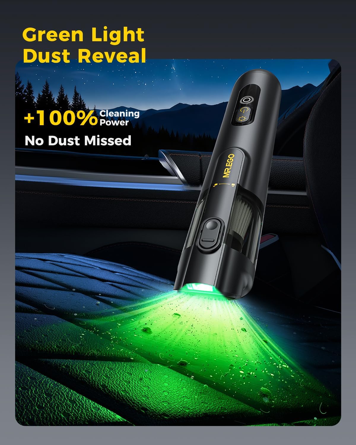 Mr.ego Car Vacuum Portable Cordless, 26000Pa High-Power Handheld Vacuum & Air Duster with Brushless Motor, Multi-Nozzles, Green LED Light & Washable Filter for Car, Home, Office Desk & Keyboards