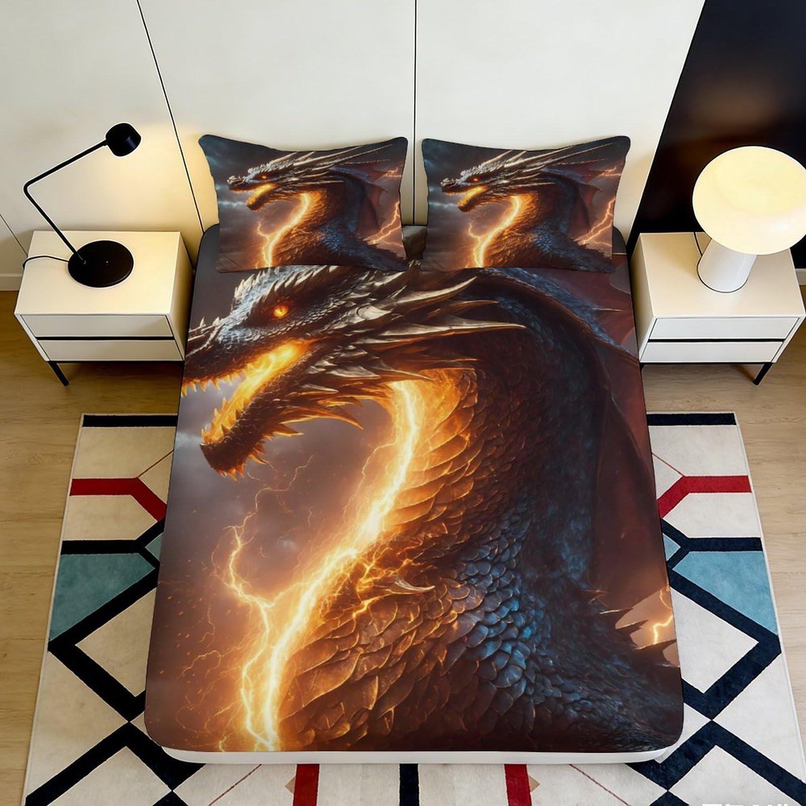 3D Printed Fire Dragon Fitted Sheet Microfiber Soft Anti-Slip Lava Dragon Mattress Cover for Bedroom Dorm Decor 180x200x25cm