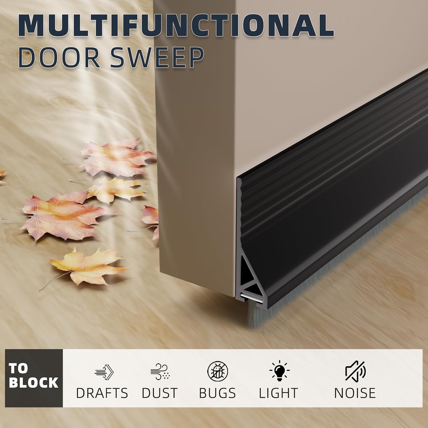 39" Door Sweep for Bottom of Door,Silicone Under Door Draft Stopper with Brush,Adhesive Weather Stripping for Bottom Door Seal,Exterior Interior Door Gap Filler Blocker Dust Cold Air Noise,Black