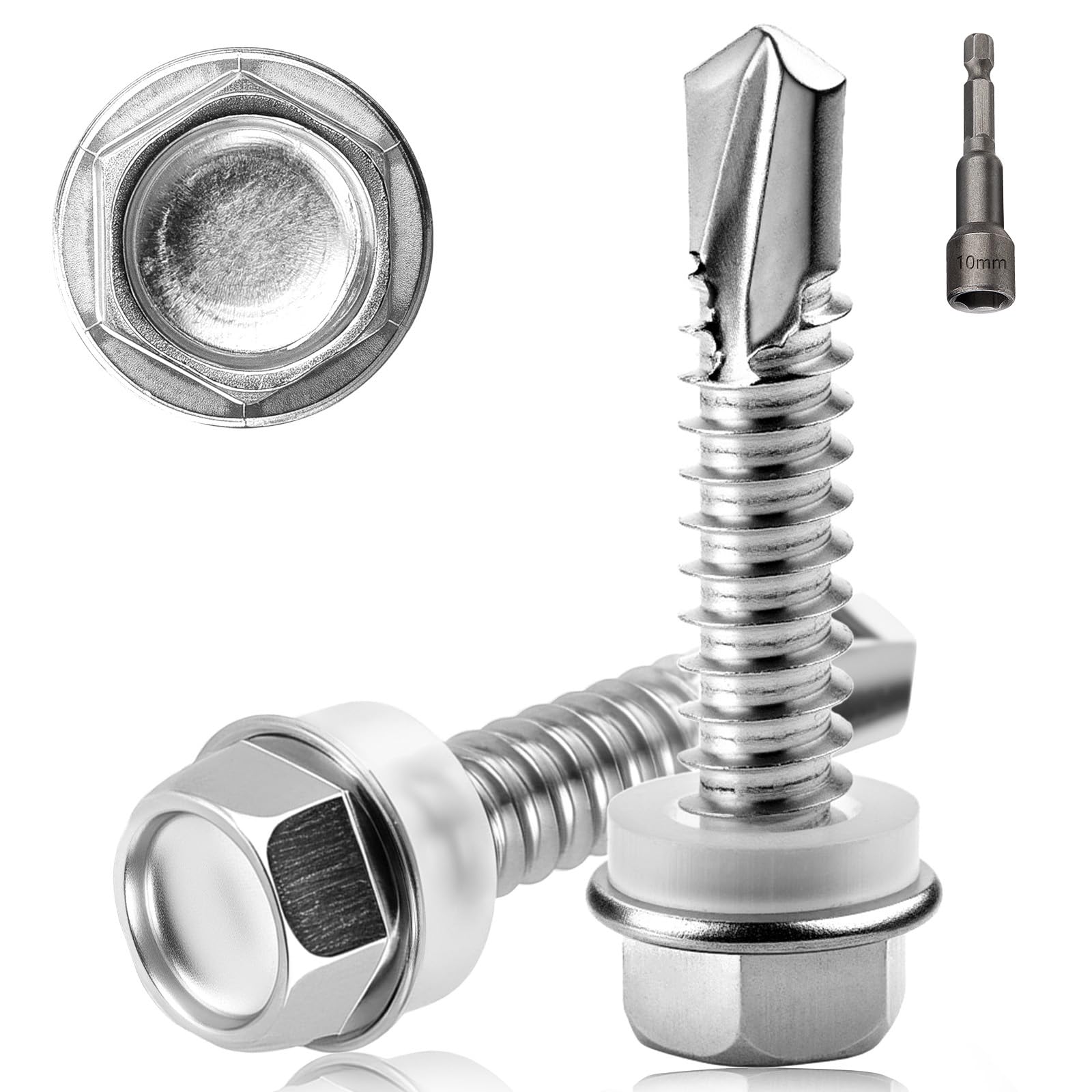 52 PCS Self Tapping Screws Metal M6.3X32MM Hex Head Self Drilling Screws 410 Stainless Steel Tech Screws for Metal Self Tapping Bolts for Ventilation Pipes Corrugated Roofing Windows with Hex Socket