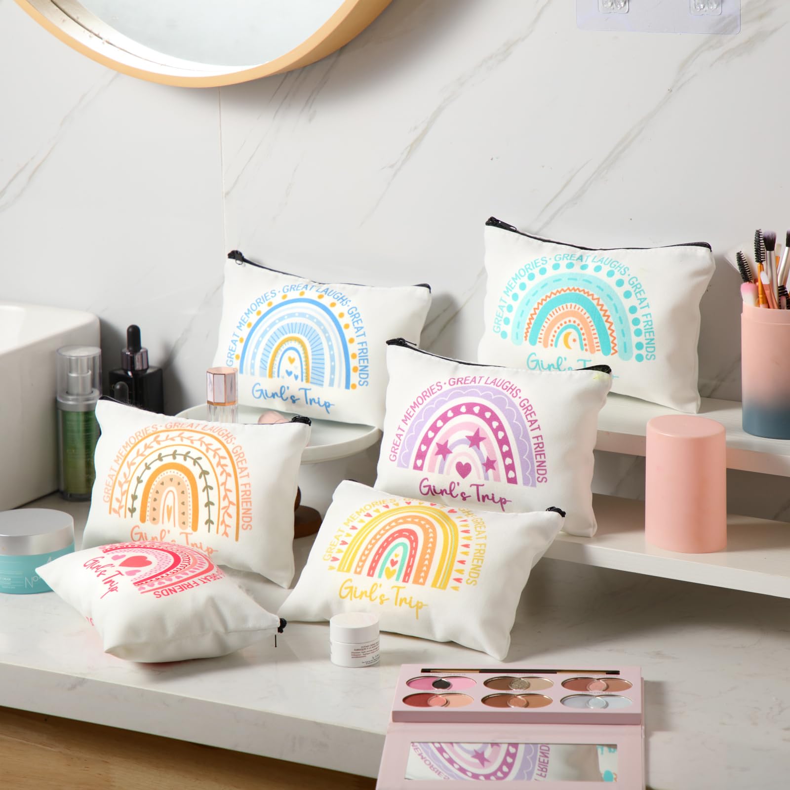 Sweetude 12 Pcs Girls Trip Gifts Favors Girls Weekend Gifts Rainbow Makeup Bag Portable Zipper Toiletry Cosmetic Bags Bachelorette Travel Pouch for Women Friendship Bestie Party Favors