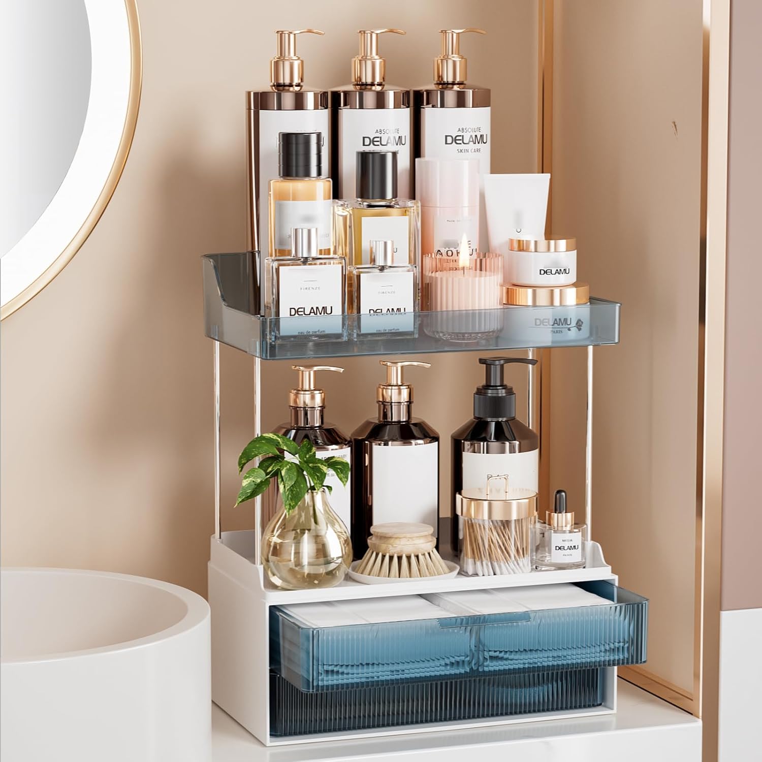 Delamu Bathroom Organizers and Storage, 2 Tier 2 Drawer Makeup Organizer Countertop, Easy to Install, Ideal for Bathroom Counter, Vanity, Large Skincare, Perfume, Present, Desk and More, Blue