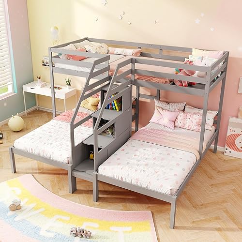 Giantex Twin Over Twin & Twin Bunk Bed, Triple Bunk Beds with 4-Step Storage Stair, Guardrail & Solid Wood Structure, Wooden 3 Bunk Beds for Kids Teens, No Box Spring Needed, Grey