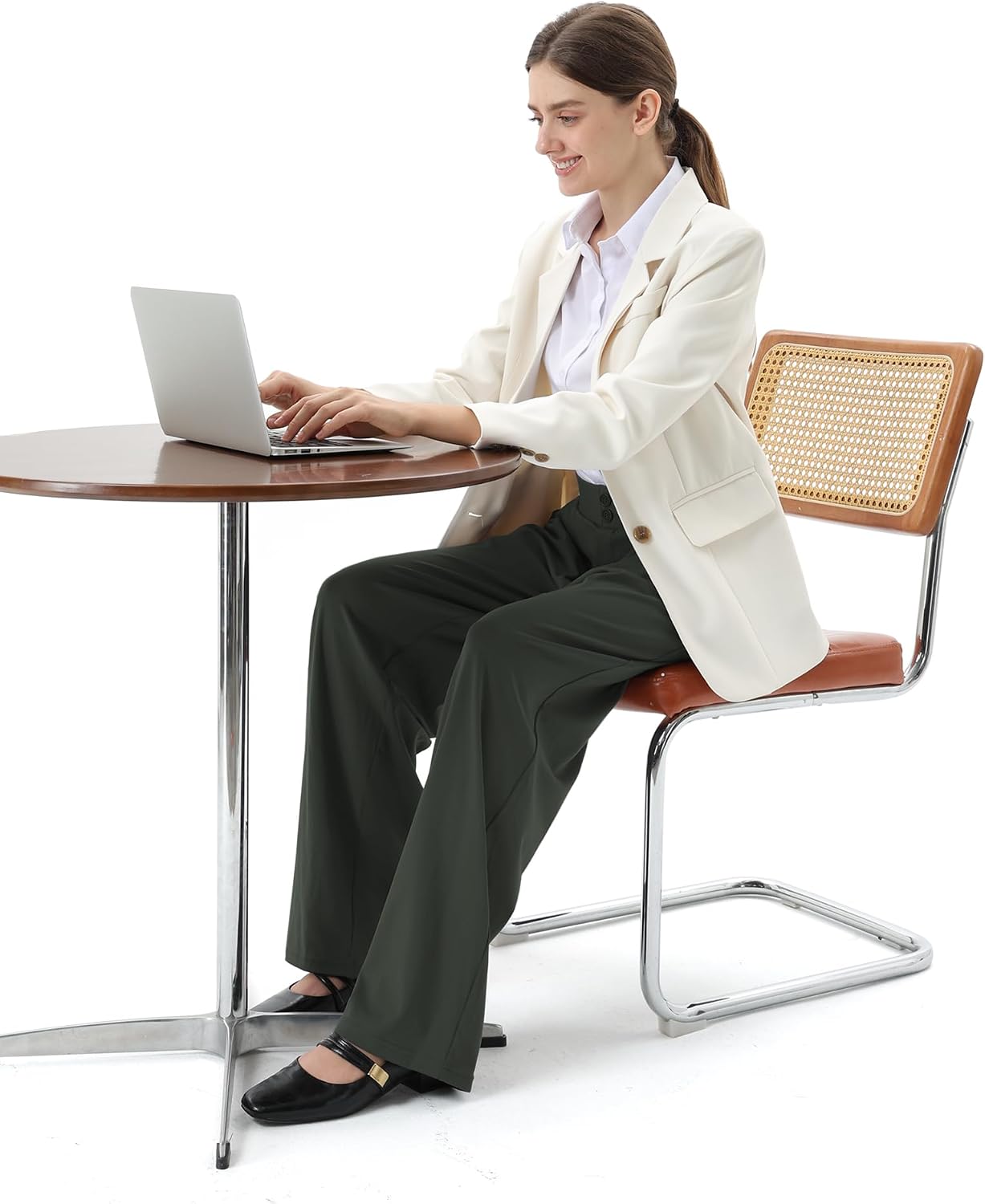 Womens Wide Straight Leg Work Pants Casual Slacks Business Office Trousers Button Dress Pants