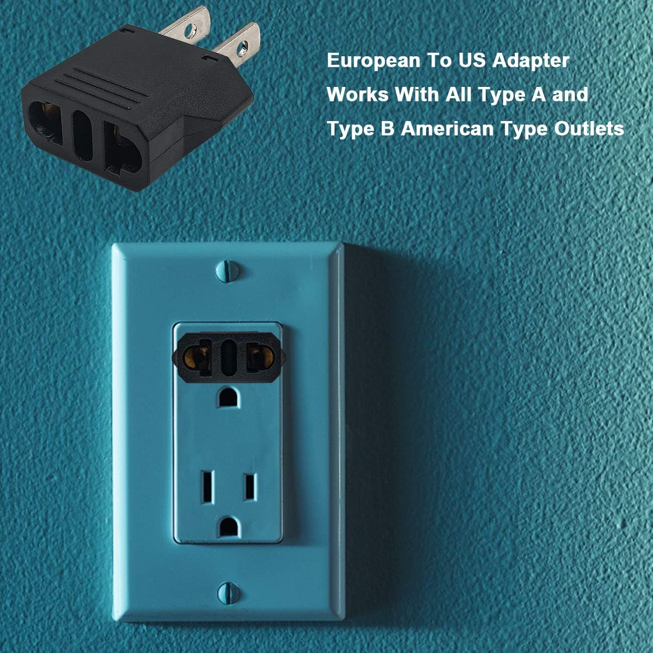 European to US Plug Adapter, Black, 2-Pack, Type E/F to Type A/B, Fireproof, CE Certified, 120V, 220-240V, 6A, 1.38 x 0.56 x 1.78 IN