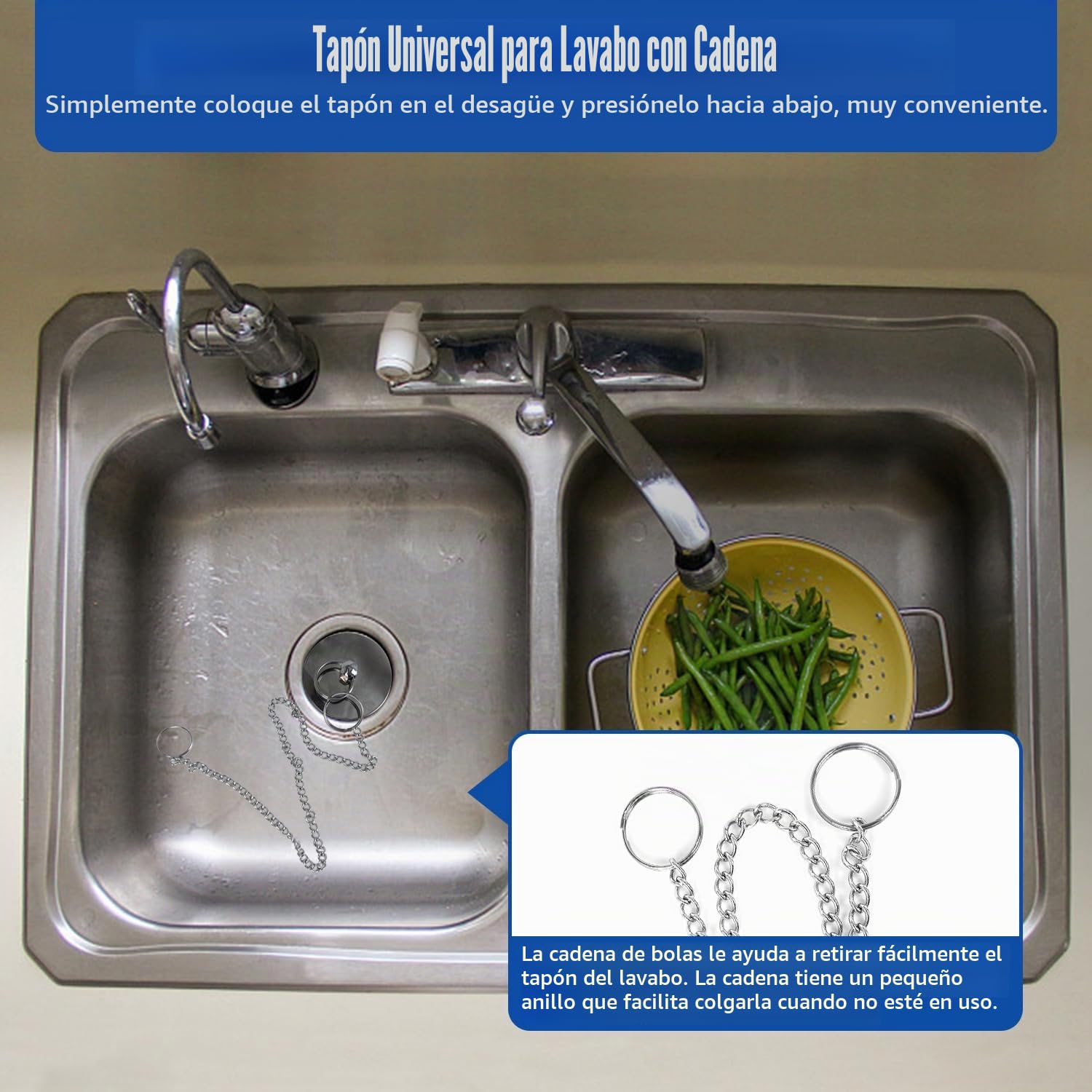 Tapón de Lavabo Universal, 2 Tapones de Drenaje Tapón Fregadero Ø 42-46mm Tapón de Bañera con Cadena de Acero Inoxidable Desagües Estándar Tapones Universales para Lavabo Lavabo Cocina Bañera Baño