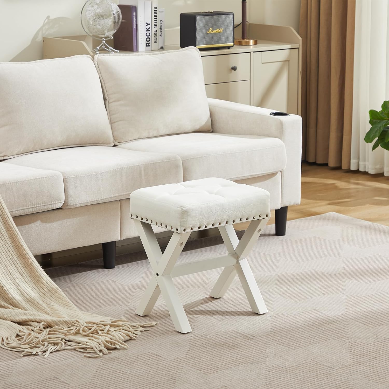 Square Makeup Stool with Rivets Wood X-Legs,Modern Vanity Ottoman Chair,Padded Faux Leather Seat for Dressing Room,Bathroom (White Fabric)